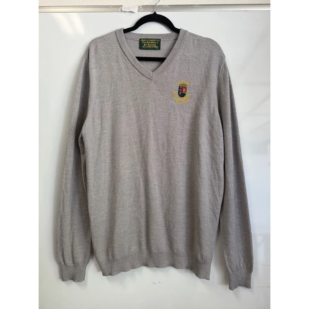 St Andrews Old Course Golf Sweater Mens L Gray Merino Wool V-Neck Crest Flawed